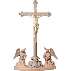 Cristo Pisa en cruz barroca en peana con ángeles arrodillados